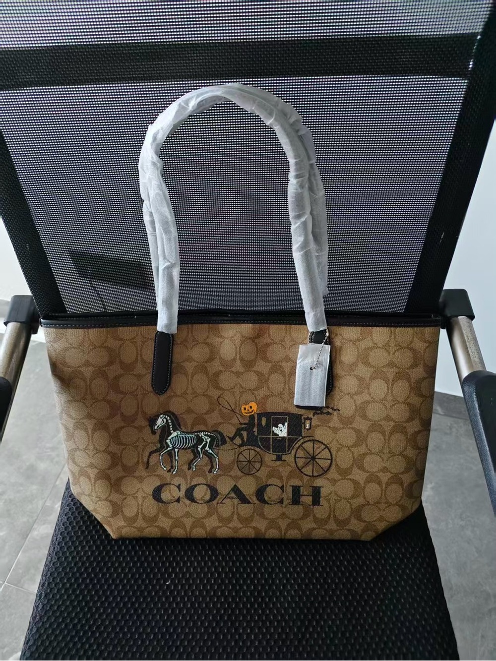 Coach Brown Signature Canvas Tote with Halloween Carriage Motif